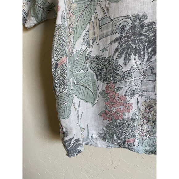 artisanNY 100% Linen Size Large Button Up Collared Cropped Short Sleeve Tropical - Picture 7 of 9